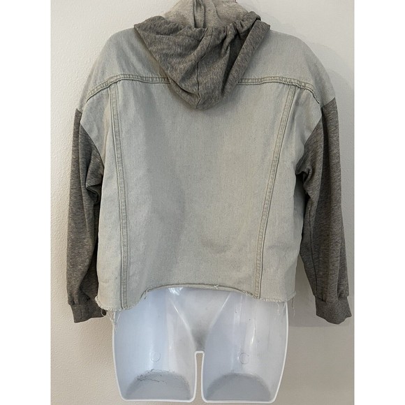 Vici Women's Blue Denim Jean Jacket Button Size S Oversize Hoodie Mixed Media - Picture 3 of 6